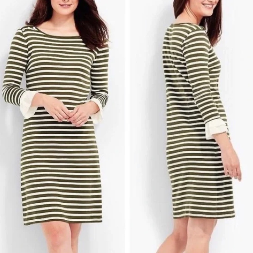 Talbots Olive Green & Cream Stripe 3/4 Ruffle Sleeve Dress Size MP